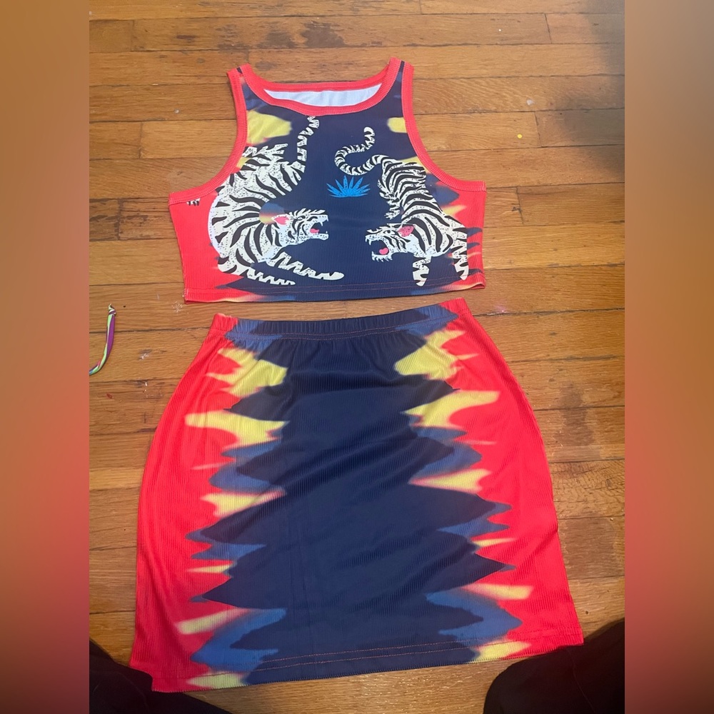 Colorful two piece crop top and skirt set